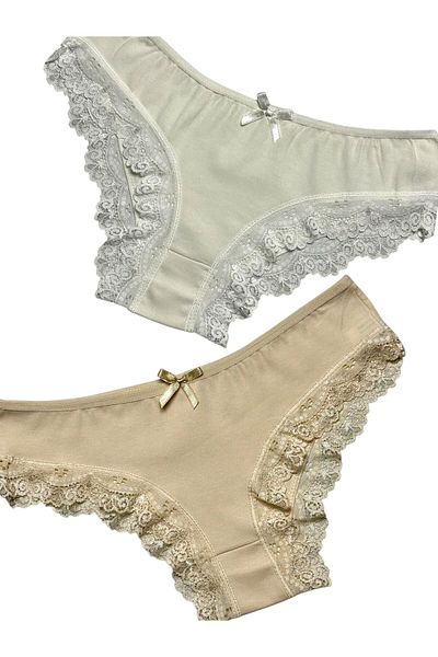 Gizli Butik Pachet de 2 chiloți bikini din bumbac cu dantelă pentru femei, piele ecru