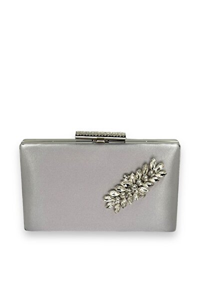 MidStore Silver Gray Lame Color Satin Crystal Stone Evening Dress Bag Evening Bag Henna Bridal Graduation Bag