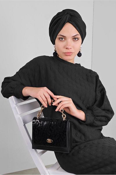 TRENDTESETTÜR Women's Black Pompom Patterned Long Tunic 4234