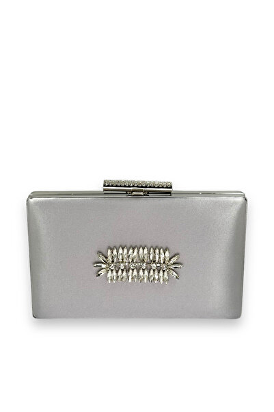 MidStore Silver Gray Lame Color Satin Crystal Stone Evening Dress Bag Evening...