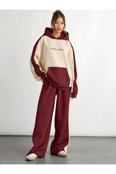 Know Burgundy Beige Women's and Men's Tracksuit Set - Couple Combination 2 Pieces