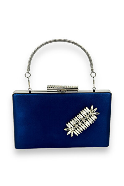 MidStore Navy Blue Color Satin Crystal Stone Evening Dress Bag Evening Bag He...