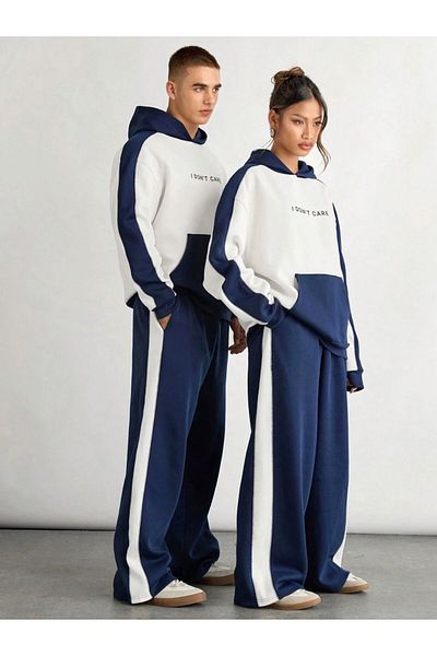 Know Navy Blue and White Women's and Men's Tracksuit Set - Couple Combination 2 Pieces