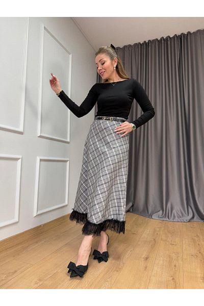 Size Özgü Gray Lace Detailed Plaid Skirt