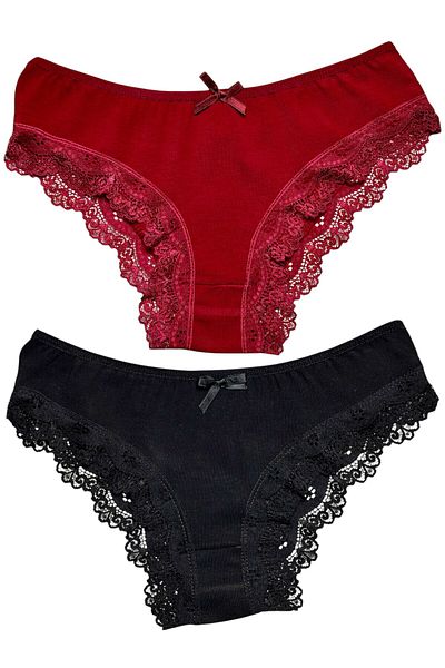 Gizli Butik Pachet de 2 chiloți bikini din bumbac cu dantelă pentru femei, negru și roșu