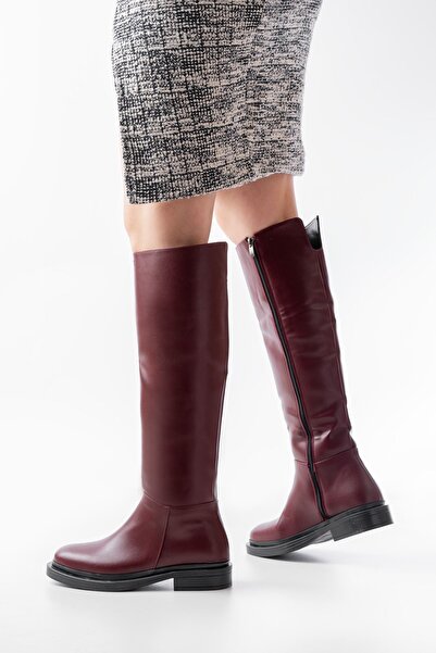 Evla Shoes Bordo Deri Fermuarlı Kadın Çizme