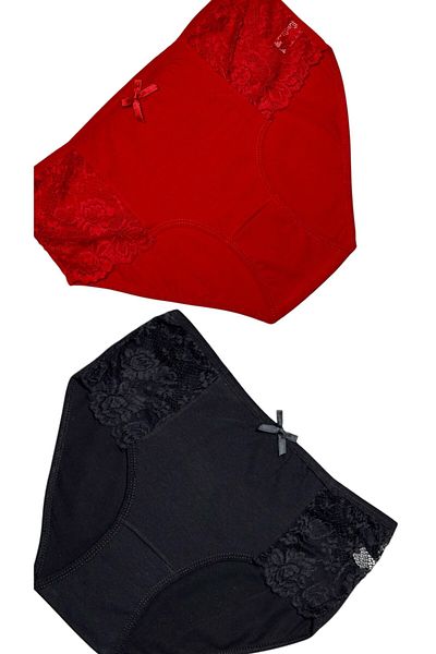 Gizli Butik Chiloți roșii negri din 2 piese pentru damă - dantelă laterală și detaliu fundă