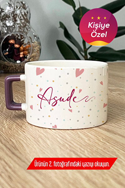 Hedizu Kişiye Özel Kalp Desenli İsim Lüks Fincan Mor Sevgiliye Hediye