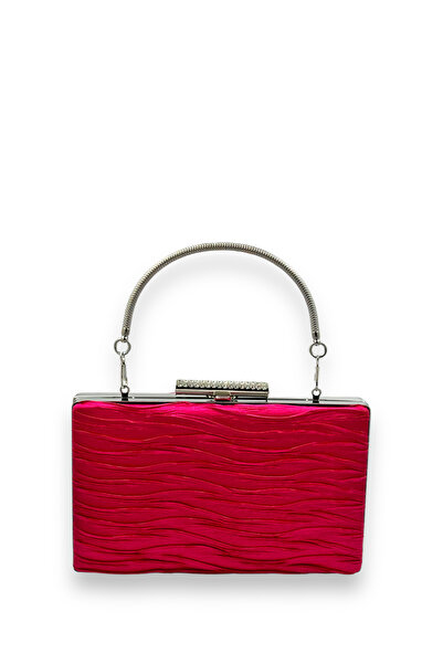 MidStore حقيبة سهرة من الساتان المطوي باللون الفوشيا مع مقبض معدني، حقيبة سهر...