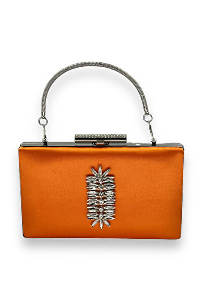 MidStore Orange Color Handle Satin Crystal Stone Evening Dress Bag Evening Ba...