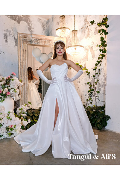 Tangül&Ali'S Moda Evi Drapeli Özel Tasarım Yırtmaçlı Gelinlik
