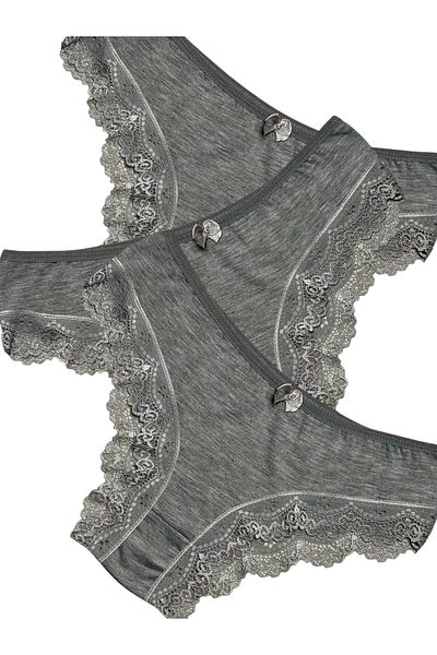 Gizli Butik 3-Piece Women's Lace Detailed Cotton Bikini Panties Gray