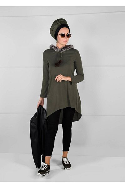 TRENDTESETTÜR Women's Khaki Plush Knitwear Tunic 41941