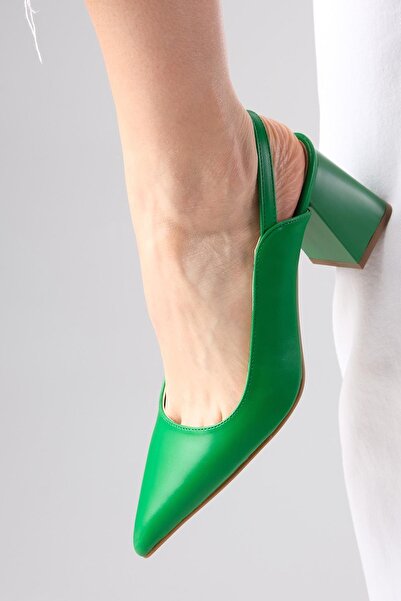 Mio Gusto Anette Green Color Pointed Toe Open Back Thick Heeled Shoes