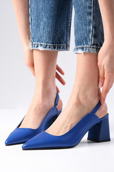 Mio Gusto Anette Saks Culoarea Albastru Varf ascutit Spatele Deschis Pantofi cu toc gros