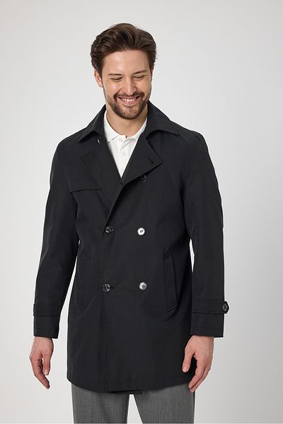Frappoli Ανδρική μαύρη καμπαρντίνα με διπλό πέτο Standard Fit βαμβακερή καμπαρντίνα
