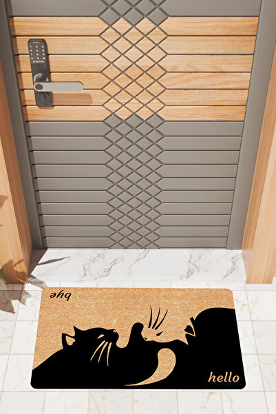 Rugmood Modern Dijtal Baskı Kedili Hello ve Bye Kapı Önü Paspası