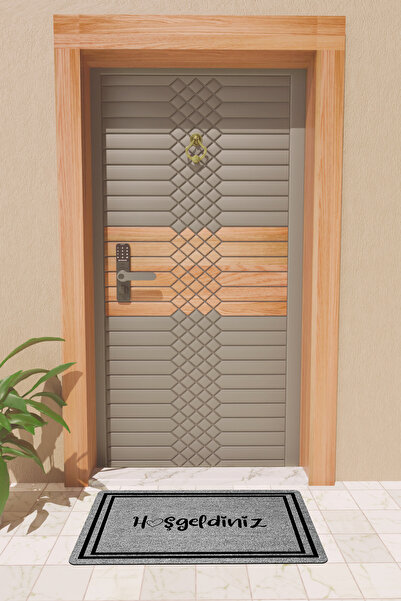 Rugmood Modern Dijtal Baskı Gri Çift Çerçeveli Hoşgeldiniz Kapı Önü Paspası