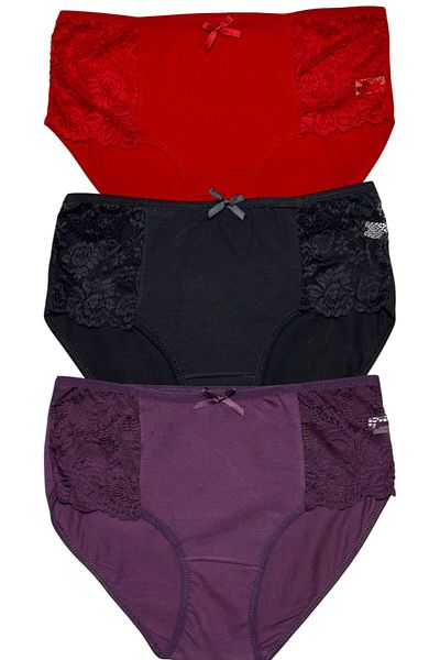 Gizli Butik Γυναικεία εσώρουχα 3 τεμαχίων - βαμβακερά, δαντέλα στο πλάι, λεπτομέρεια φιόγκου, κόκκινο μαύρο μωβ