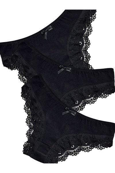 Gizli Butik Pachet de 3 chiloți bikini din bumbac cu dantelă pentru femei, negri