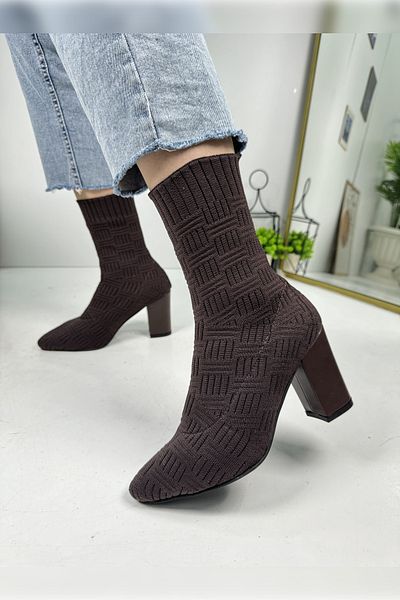 İmerShoes Γυναικείες καθημερινές καφέ μπότες - Ψηλό χοντρό τακούνι, πλεκτό μύτη, οδοντωτή σόλα, άνετο μποτάκι 168