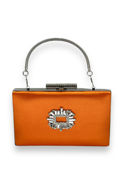 MidStore Orange Color Handle Satin Crystal Stone Evening Dress Bag Evening Ba...