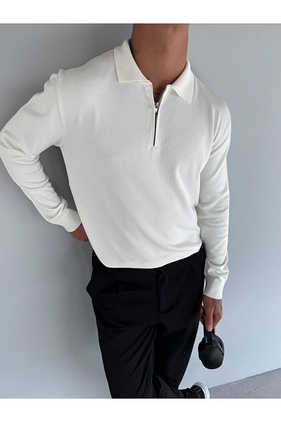 ablukaonline Men's Polo Neck Knitwear Sweater - Half Zipper, Ecru