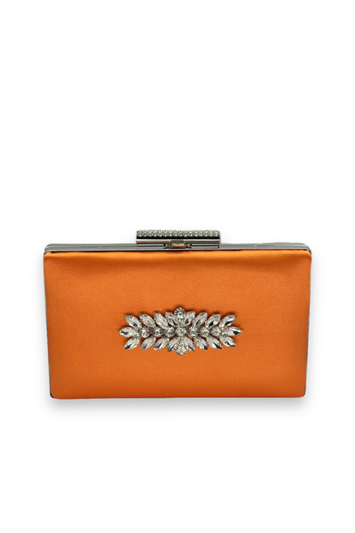 Generic Brand Orange Satin - Crystal Stone Detailed Evening and Graduation Bag