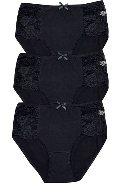 Gizli Butik Chiloți negri pentru femei - Set de 3, bumbac, dantelă laterală și detaliu fundă