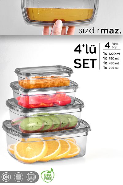 Meleni Home 4-Piece Anthracite Color Leak Proof Storage Set - Organizer Organizer Food Container 1X(225-430-750-1220)Ml