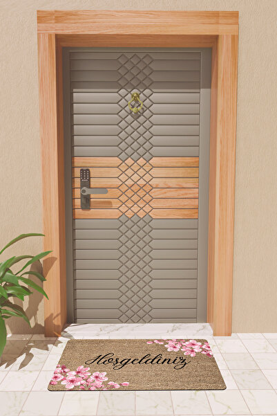 Rugmood Modern Dijtal Baskı Kahverengi Çiçekli Hoşgeldiniz Kapı Önü Paspası