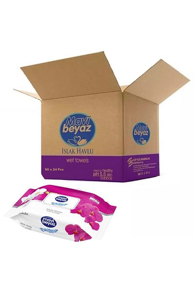 Mavi beyaz Wet Towel Wipes 90 Sheets Orkide Set of 24 with Plastic Cover (2160 Sheets)