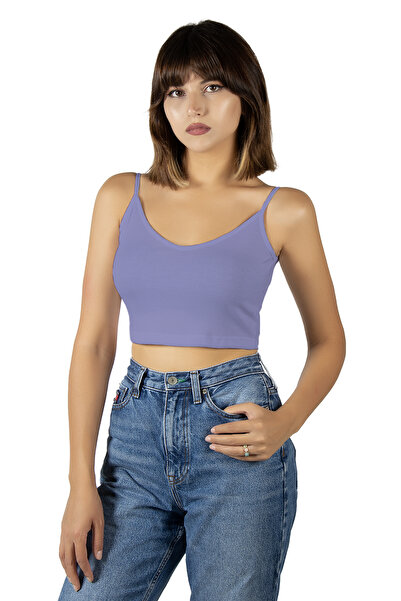 VEAVEN Mor İp Askılı Fitted/Vücuda Oturan Fitili Örme Crop Top Bluz
