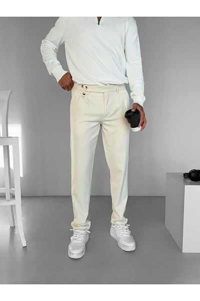 ablukaonline Light Cream Men's Pleated Fabric Trousers