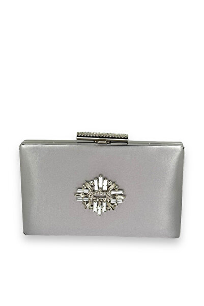 Wedding Fashion Gri argintiu Lame Color Satin Crystal Stone Geanta pentru roc...