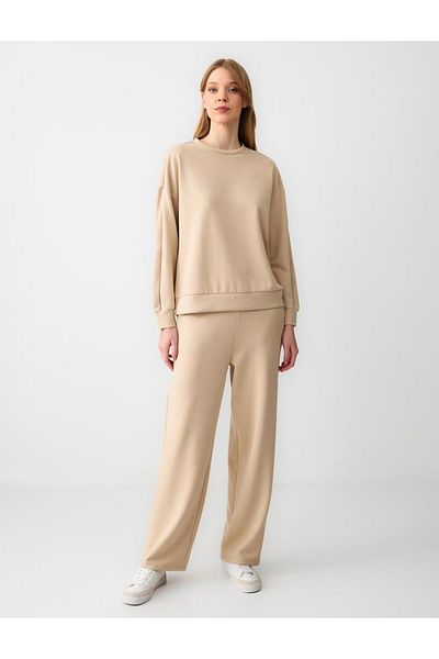Jimmy Key Beige High Waist Wide Leg Relaxed Fit Knitted Modal Trousers