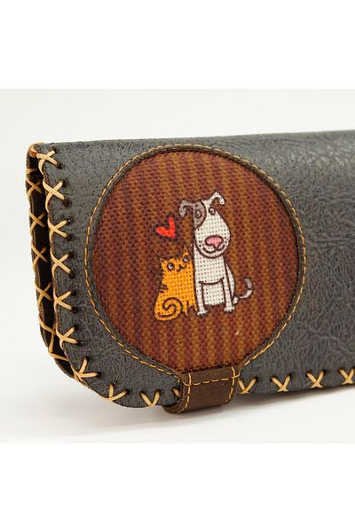 HOODİEMOUSE Large Wallet with Cat and Dog Figures Ethnic Bohemian Retro Vintage Style - Anthracite