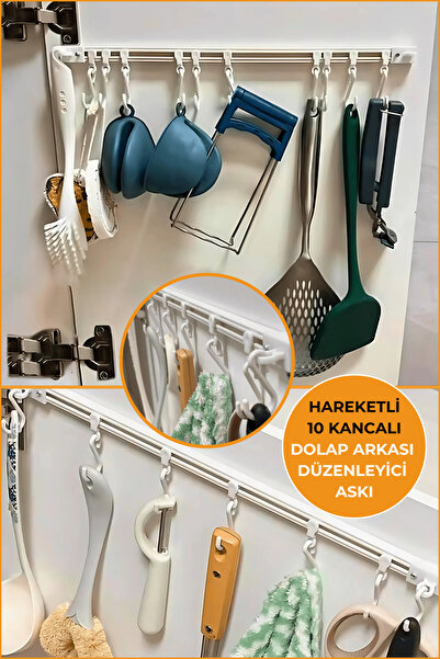 Kinlee Mutfak Dolabı Arkası 10 Kancalı Yapışkanlı Düzenleyici Askı - Hareketl...