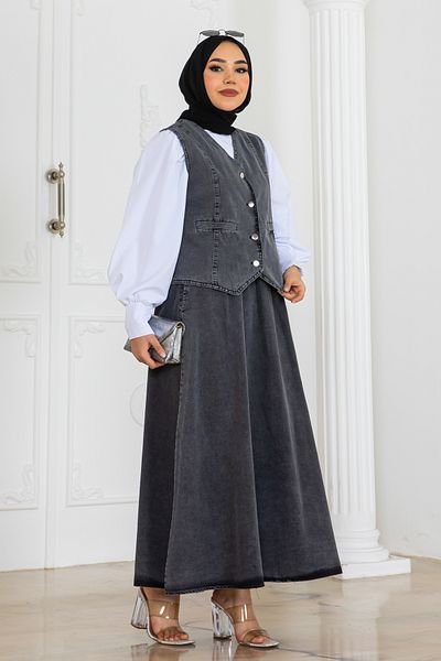 benguen Black Denim Vest and Skirt Set - 2186
