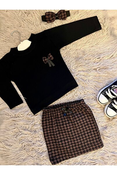 enes baby bayramlık kız çocuk 3lü takım  tüvit etek kaşkorse body kurdelalı bandana