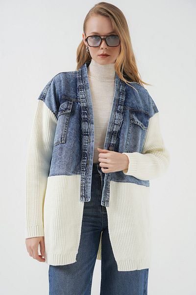 Bigdart 15919 Lange Strick-Jeansjacke – Weiß