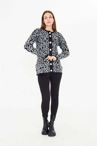 brako tekstil Cardigan de damă cu gât crew cu nasturi cu imprimeu leopard
