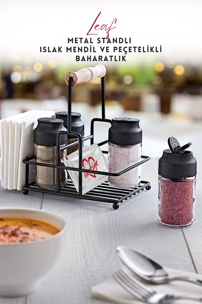 GRİMOR Life 4-Piece Double Lid Glass Restaurant Cafe Seasoning Rack Set with Metal Stand, Napkin Holder, Wet Wipes Compartment