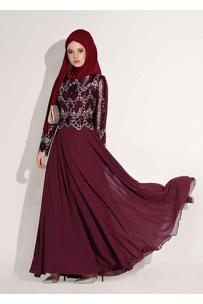 TRENDTESETTÜR Women's Burgundy Embroidered Chiffon Evening Dress 8608