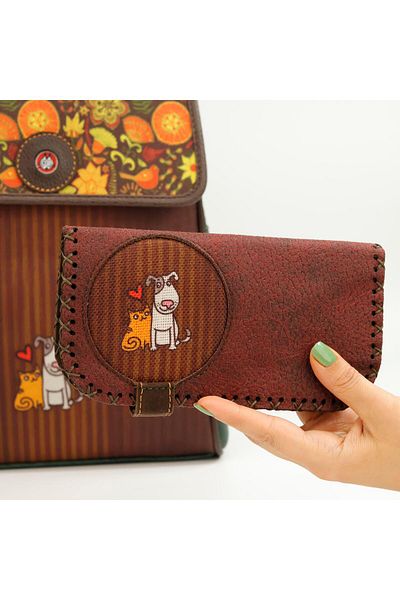 HOODİEMOUSE Large Wallet with Cat and Dog Figures Ethnic Bohemian Retro Vintage Style - Bordo