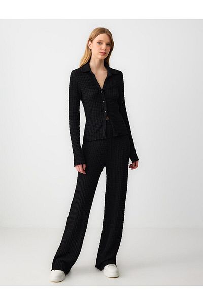 Jimmy Key Black Relaxed Cut High Waist Loose Wide Leg Textured Knitted Trousers