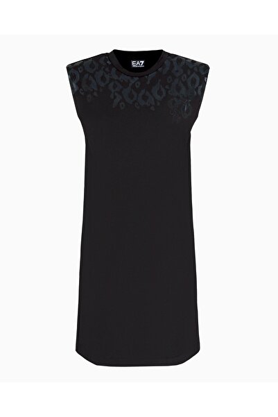 EA7 Round Neck Cotton Black Dress - Metalic Print Sleeveless Af10373-Uc001