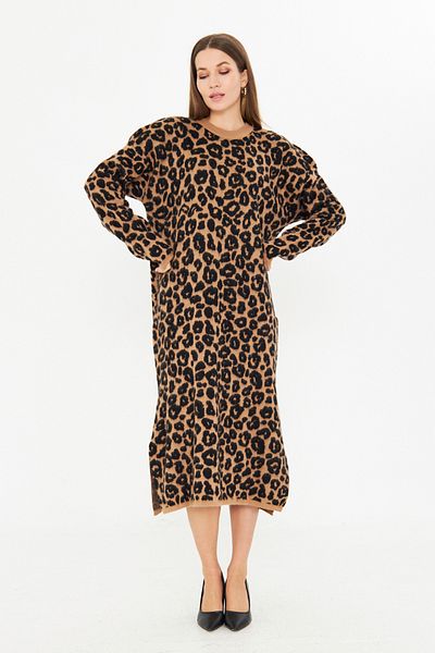 brako tekstil Rochie lungă de tricotaj cu curea maro pentru femei, cu fantă laterală, cu imprimeu leopard