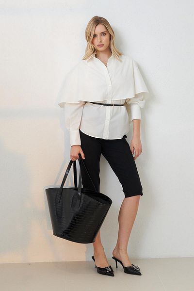 Setre Ecru Waist Belted Cloak Detailed Cotton Shirt