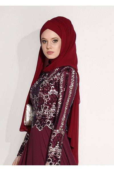 TRENDTESETTÜR Women's Burgundy Embroidered Chiffon Evening Dress 8608